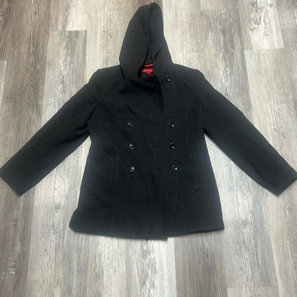 Anne Klein Charcoal Gray 100% Wool Hooded Pea Coat Size Medium